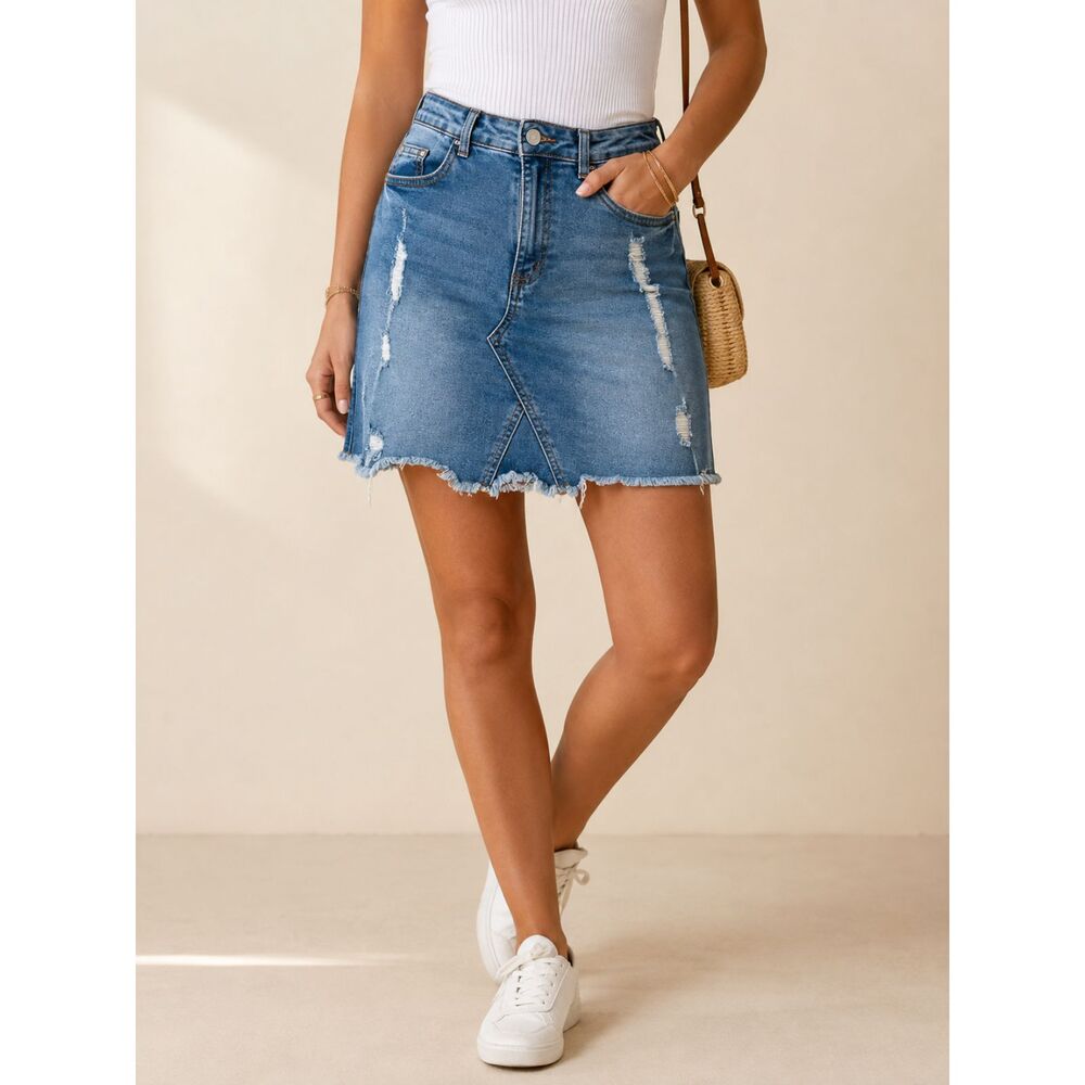 Y2K Distressed Denim Mini Skirt Raw Hem High Waist Stretch Jean Skirt Size 4